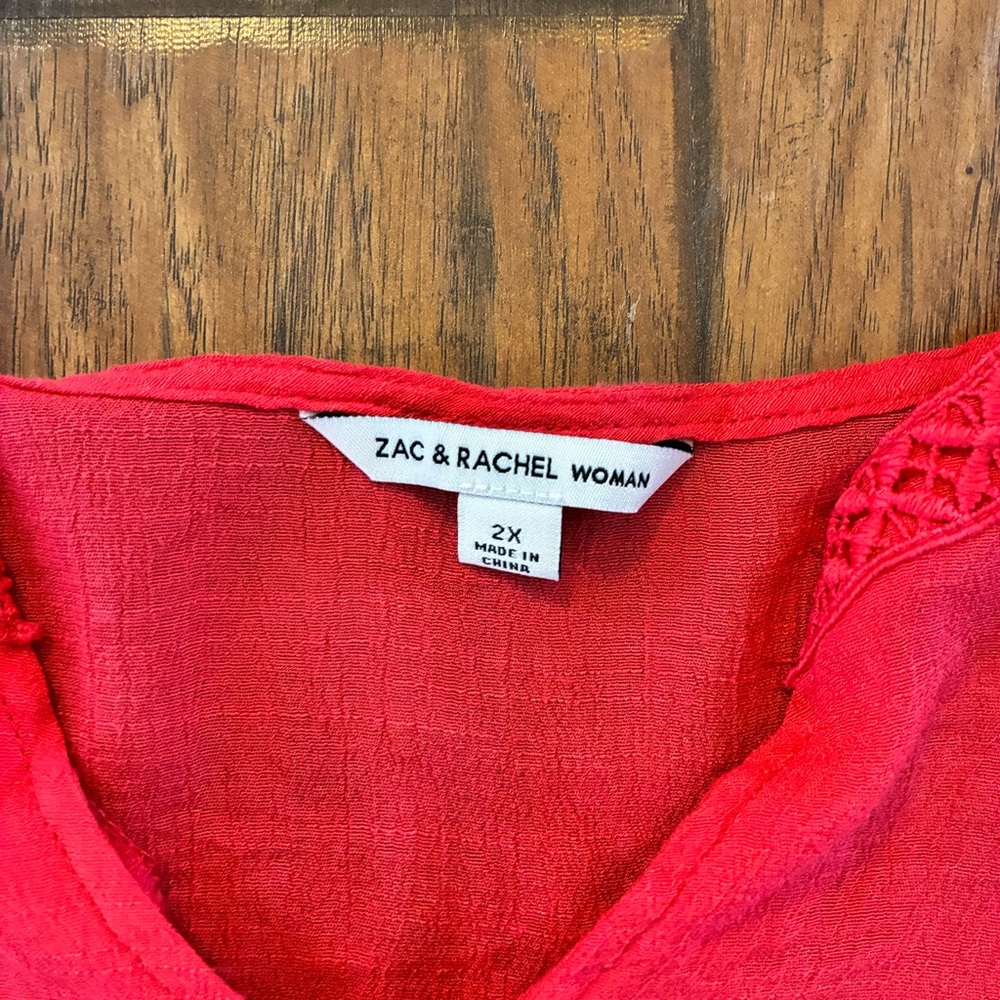 Zac & Rachel Vibrant Coral Boho V-Neck Tiered Flowy Peasant / Cottage Blouse - Picture 3 of 12